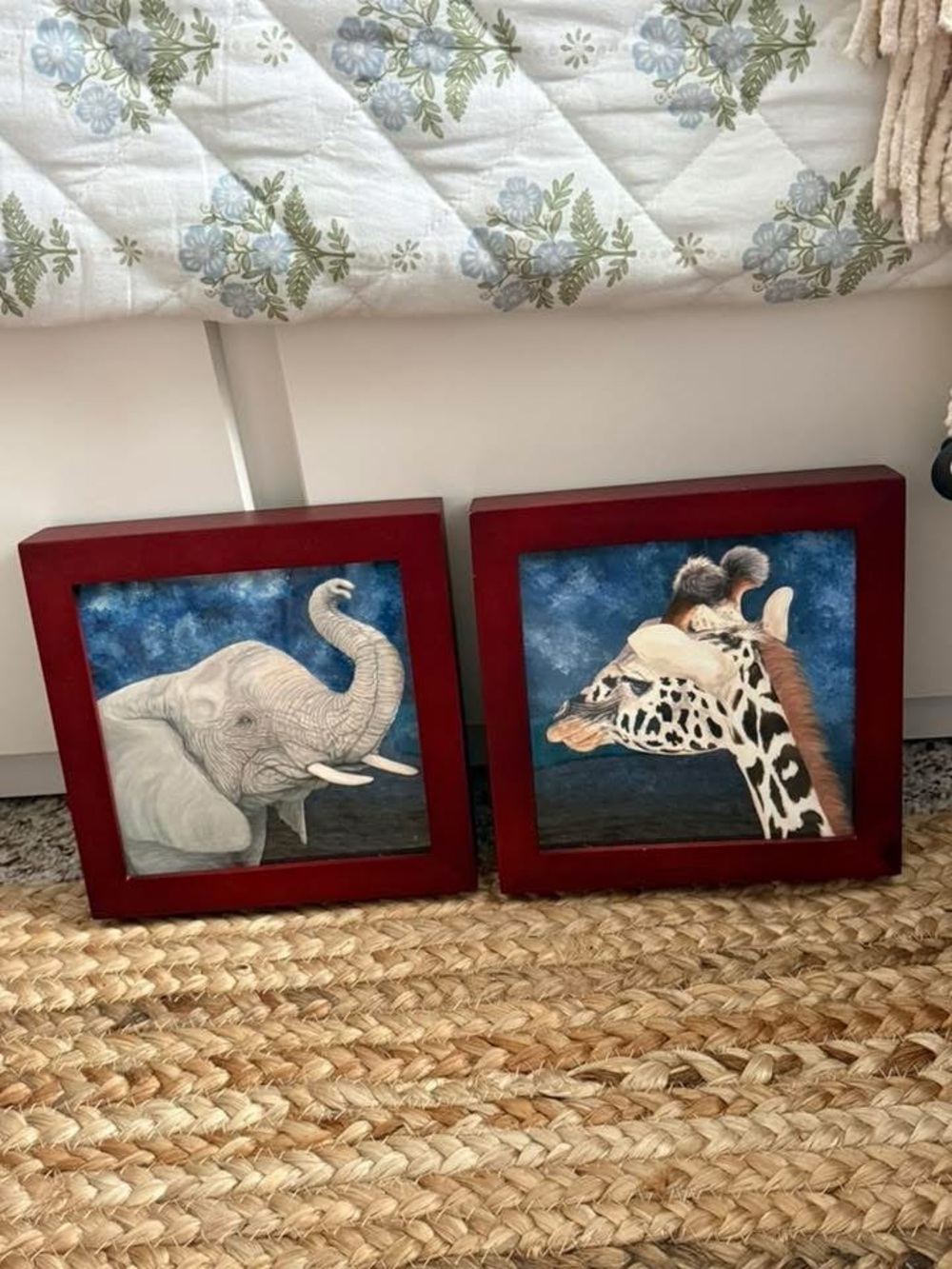 Set of 2 Safari Handpainted Animal Wall Art - Elephant & Giraffe in Wood Frames